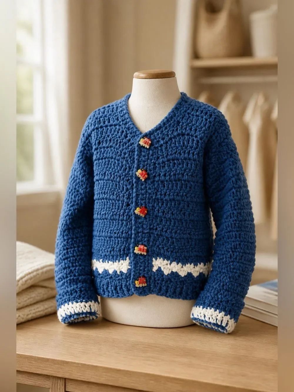 THOMAS THE TANK ENGINE BUTTONS ON A BLUE AND WHITE CARDIGAN SIZE 2T HANDMADE NEW